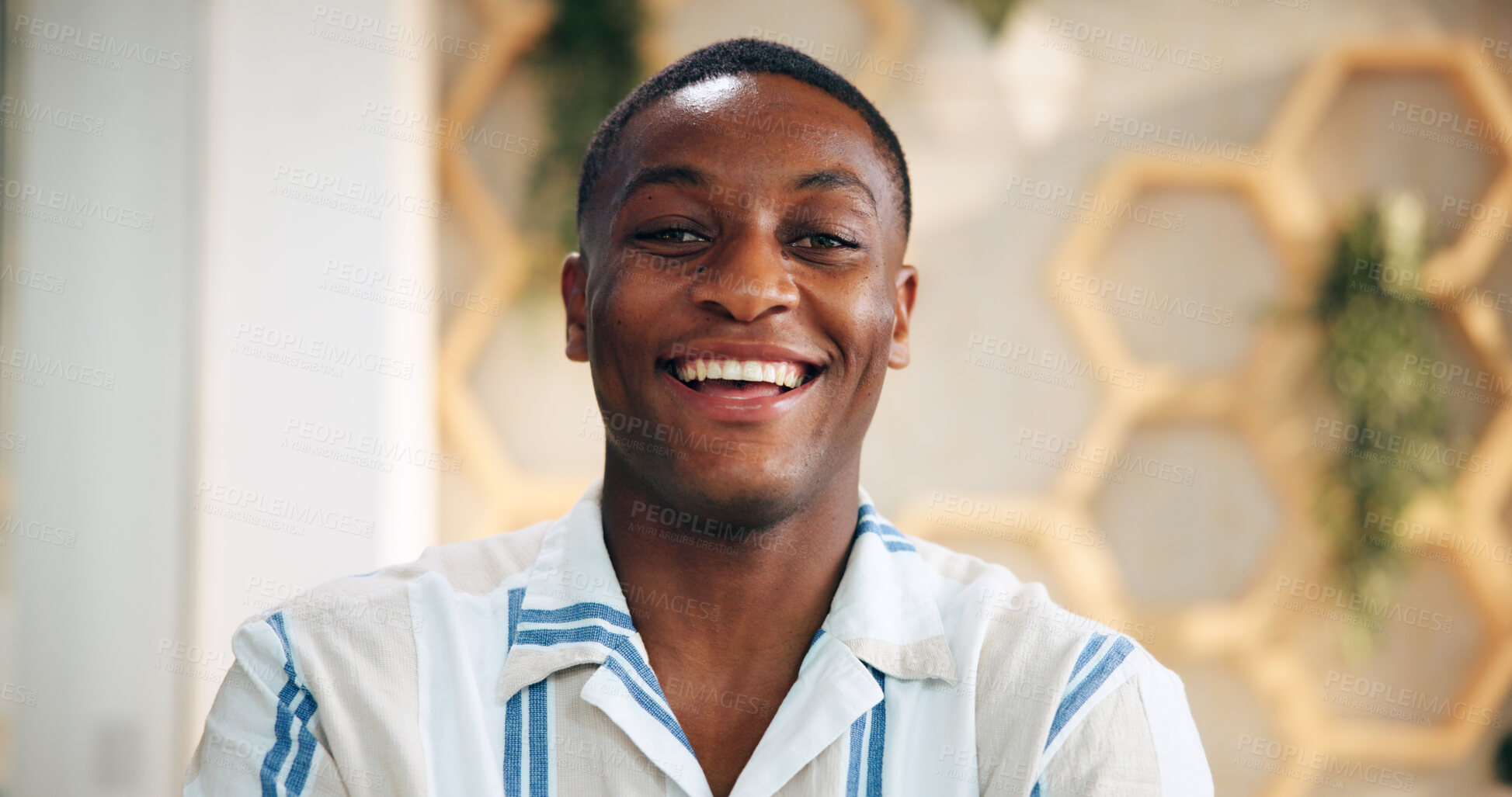 Buy stock photo Hospitality, portrait and smile of black man concierge in hotel for accommodation or welcome. Booking, friendly and reservation with happy receptionist in lodge or resort for holiday or vacation