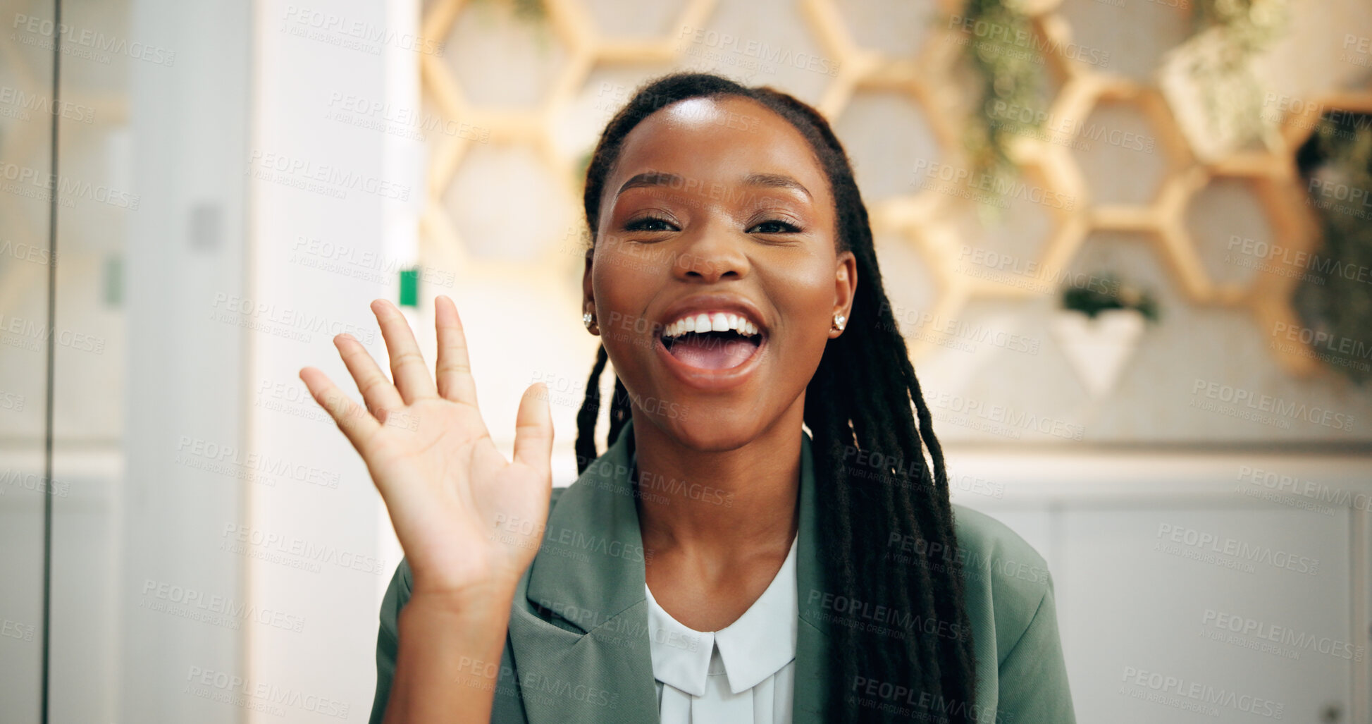 Buy stock photo Black woman, portrait and video call with concierge in hotel for introduction, virtual tour or welcome. Booking, reservation and wave with happy receptionist in lobby for accommodation or hospitality