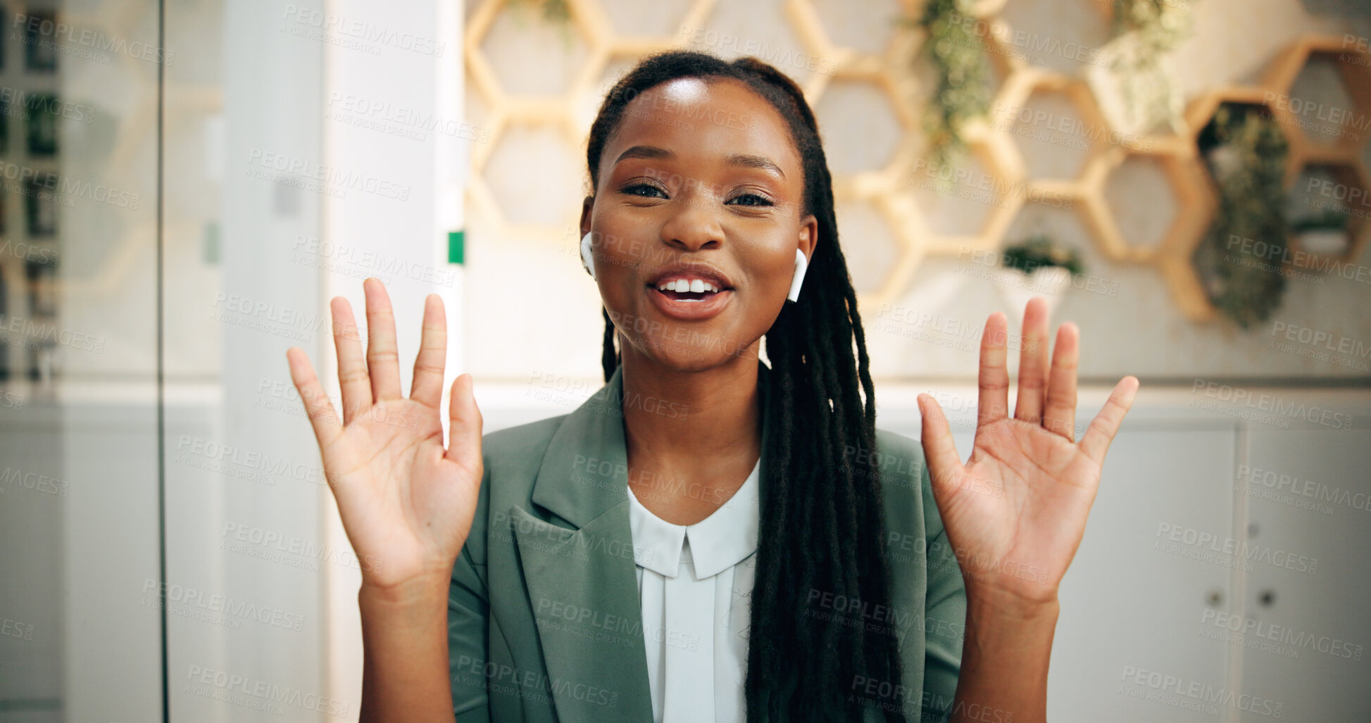 Buy stock photo Portrait, video call and wave with black woman in hotel for introduction, virtual tour or welcome. Booking, greeting and reservation with happy concierge in lobby for accommodation or hospitality