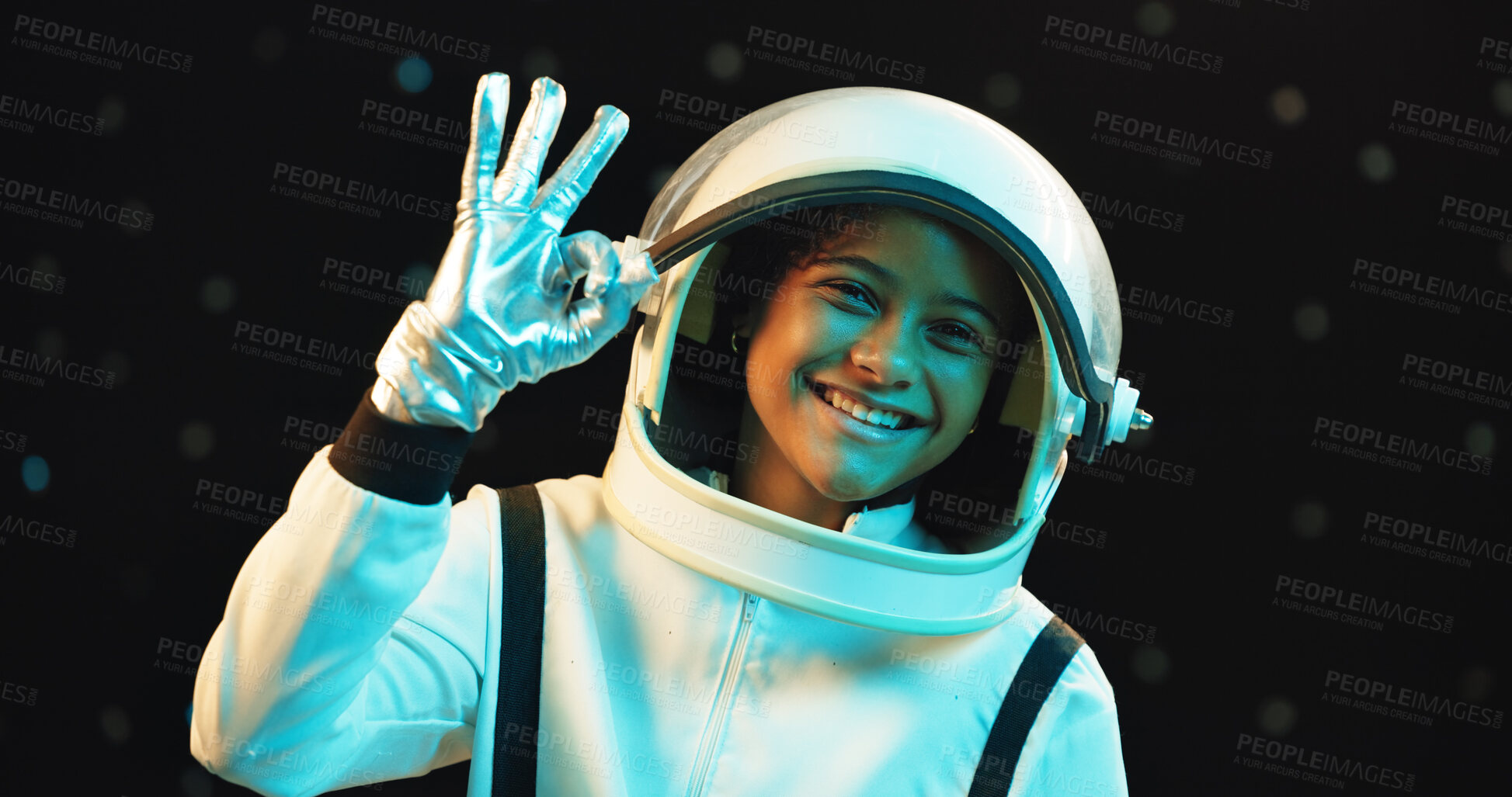 Buy stock photo Portrait, child and astronaut with ok sign in space for mission success, travel and smile. Girl, future explorer and cosmonaut in suit with helmet for adventure, excellence and perfect hand gesture