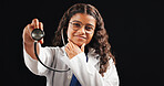 Portrait, child and doctor with stethoscope in studio for cardiology, heartbeat and listen to rhythm. Smile, kid and medical tools with career fantasy, lungs sound and opportunity on black background