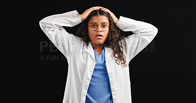 Buy stock photo Portrait, child and girl doctor with mistake in studio for future career, learning and medical costume. Bad news, fail and shocked Indian kid for healthcare disaster and crisis on black background