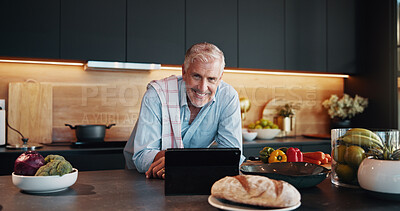 Buy stock photo Mature man, tablet and portrait with recipe tutorial, dinner method or online guide in home. Learning, instructions and senior person in kitchen with healthy ingredients, diet or steps in meal prep