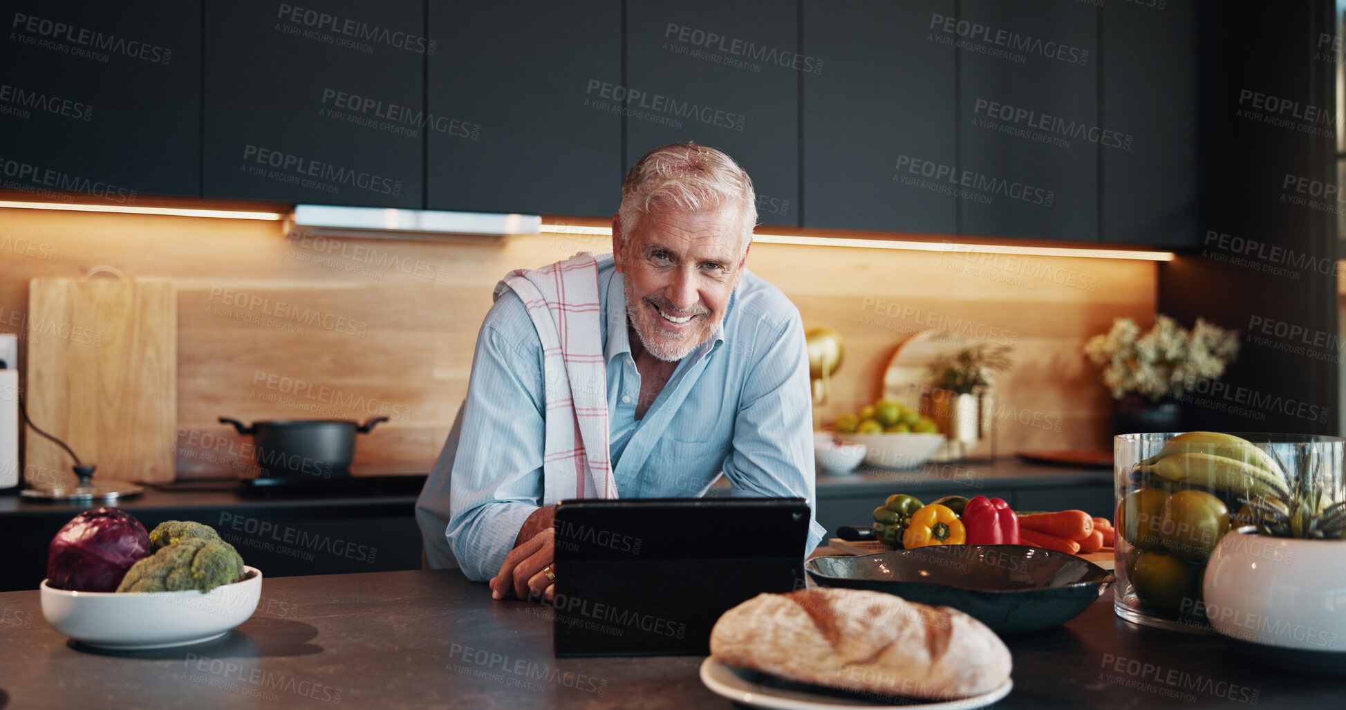 Buy stock photo Mature man, tablet and portrait with recipe tutorial, dinner method or online guide in home. Learning, instructions and senior person in kitchen with healthy ingredients, diet or steps in meal prep