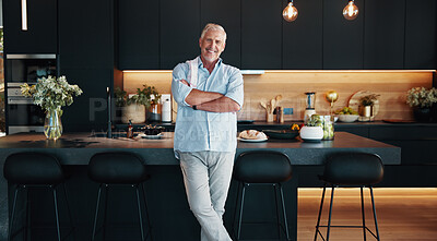 Buy stock photo Arms crossed, portrait and smile of old man in kitchen of home for cooking dinner, food or meal. Confident, retirement and wellness with happy senior person in apartment for diet, health or nutrition