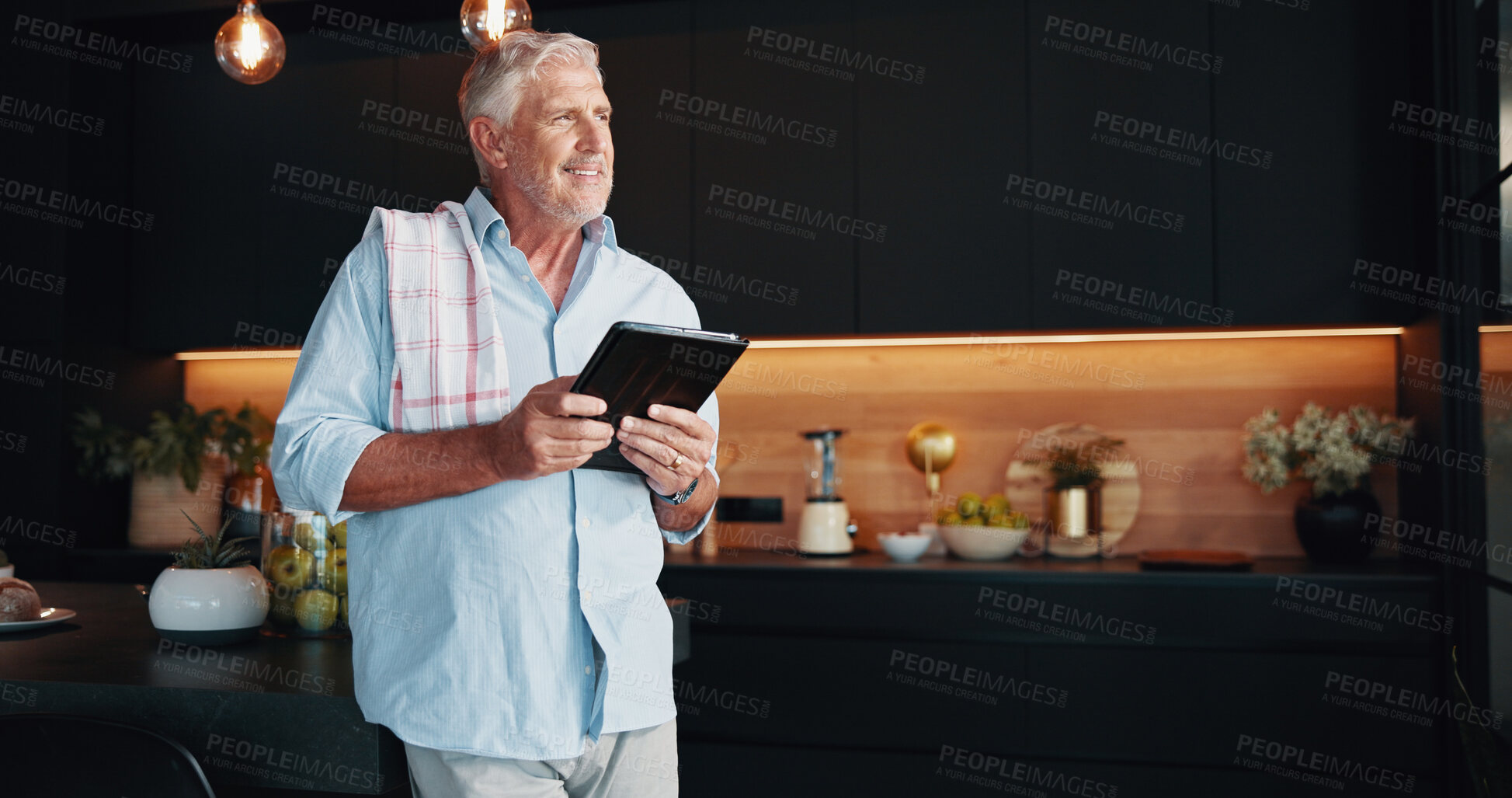 Buy stock photo Mature man, tablet and idea with cooking tutorial, dinner method or online guide in home. Thinking, learning and senior person in kitchen with nutritionist blog, diet research or steps in meal prep