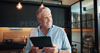 Buy stock photo Senior man, tablet and smile with recipe blog, dinner tutorial or online video guide in home. Learning, instructions and mature person in kitchen with healthy ingredients, diet or steps in meal prep