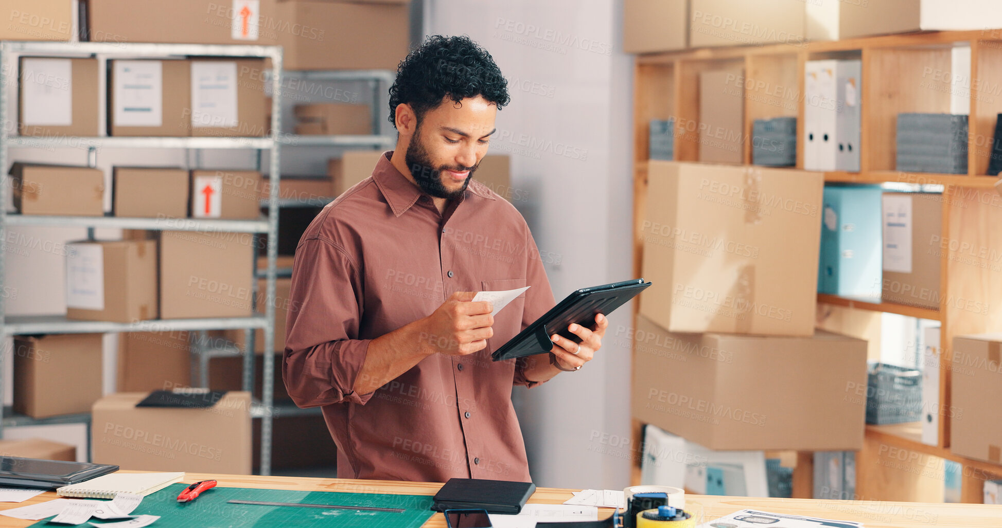 Buy stock photo Tablet, label and shipping with man in warehouse for logistics route, tracking code and cargo box, Inventory checklist, ecommerce delivery with person in factory for supplier distribution and depot