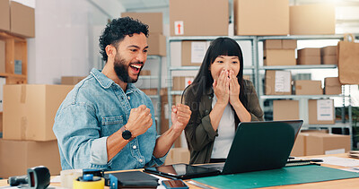 Buy stock photo Fist pump, laptop and logistics with distribution team in office together for celebration of deal or delivery. Computer, success and supply chain with shipping people in workplace for achievement