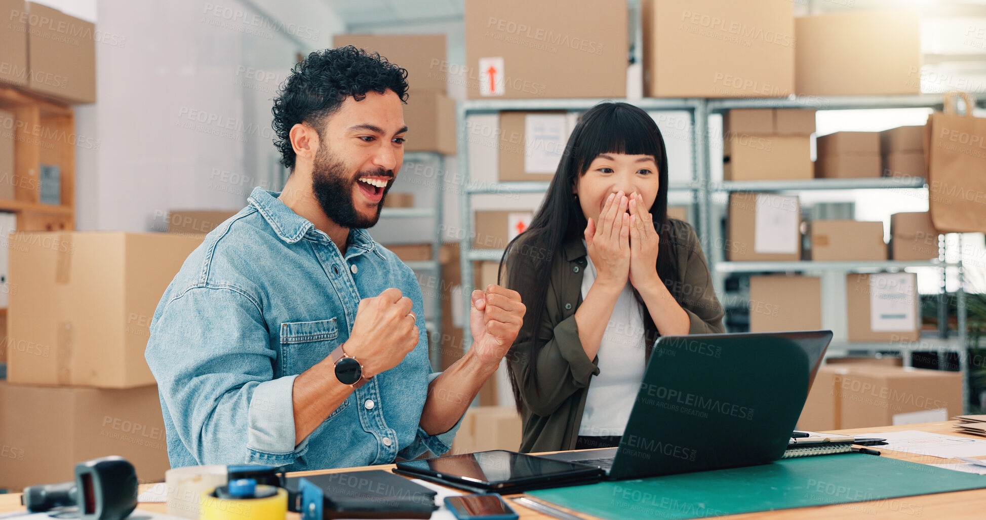Buy stock photo Fist pump, laptop and logistics with distribution team in office together for celebration of deal or delivery. Computer, success and supply chain with shipping people in workplace for achievement