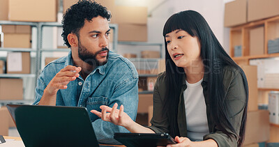 Buy stock photo Discussion, laptop and business people planning logistics, delivery schedule or cargo management. Tablet, startup and supply chain for shipping, ecommerce or distribution team with stock procurement