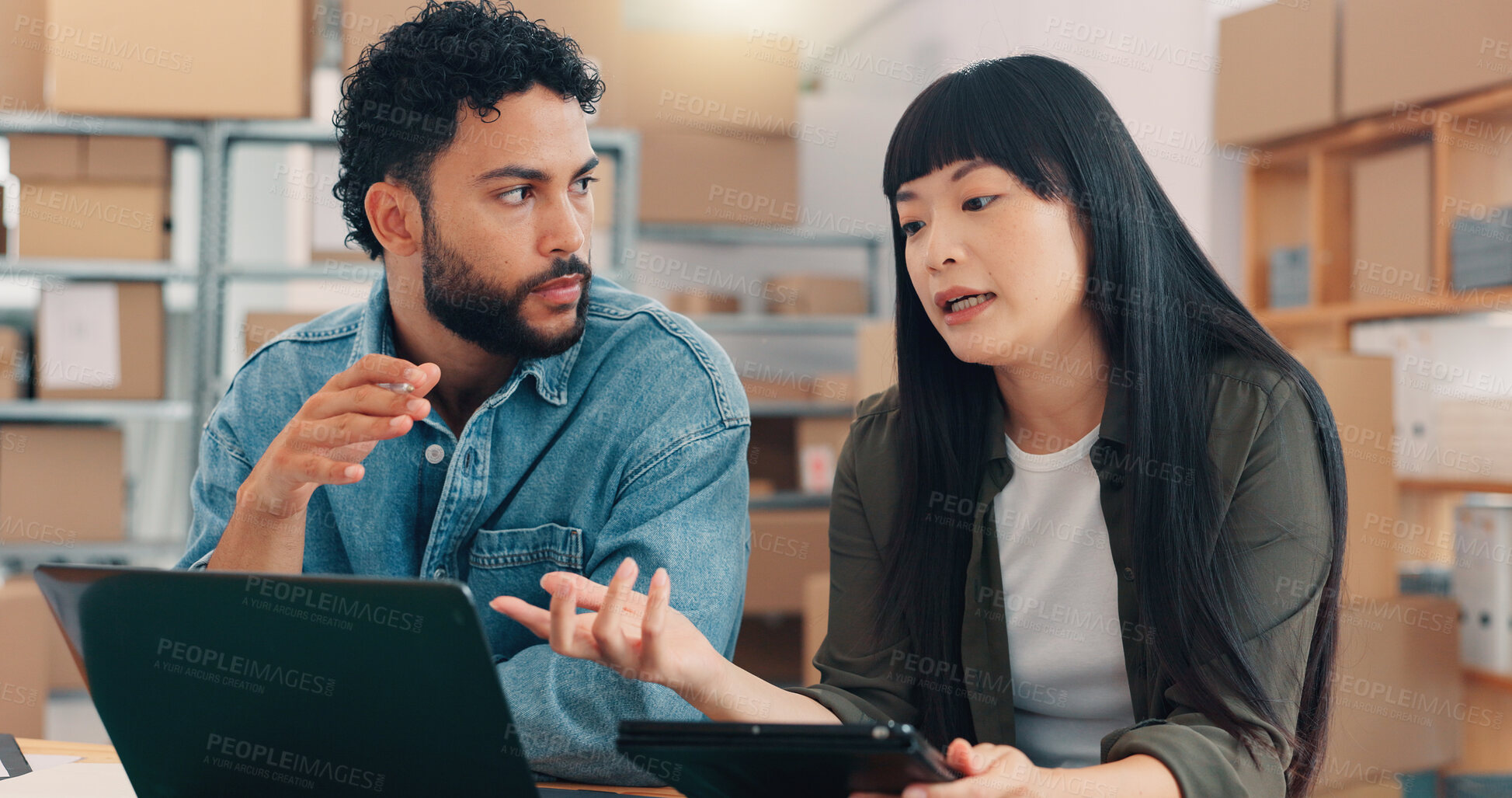 Buy stock photo Discussion, laptop and business people planning logistics, delivery schedule or cargo management. Tablet, startup and supply chain for shipping, ecommerce or distribution team with stock procurement