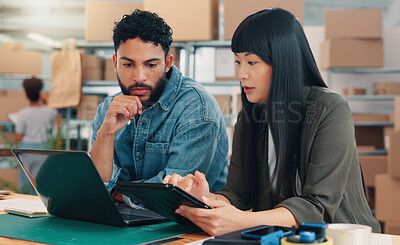 Buy stock photo Team, tablet and business people planning logistics, delivery schedule or cargo management. Laptop, startup and discussion for shipping, ecommerce or supply chain distribution with stock procurement