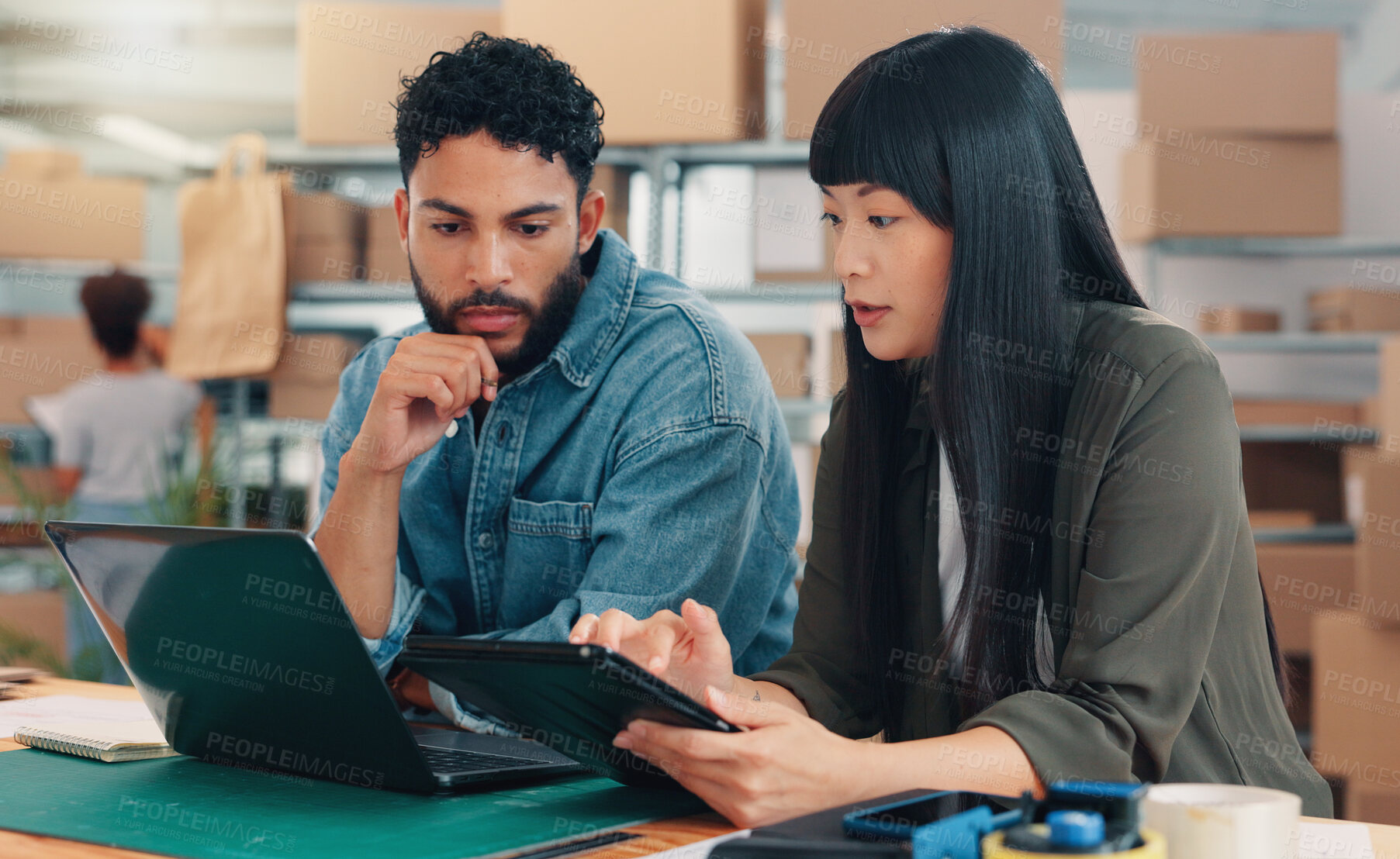 Buy stock photo Team, tablet and business people planning logistics, delivery schedule or cargo management. Laptop, startup and discussion for shipping, ecommerce or supply chain distribution with stock procurement