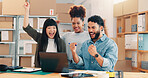 Laptop, logistics and winner with distribution team in office together for celebration of deal or delivery. Computer, fist pump and success with supply chain people in workplace for goals or target