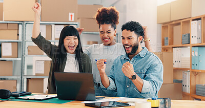 Buy stock photo Laptop, logistics and winner with distribution team in office together for celebration of deal or delivery. Computer, fist pump and success with supply chain people in workplace for goals or target