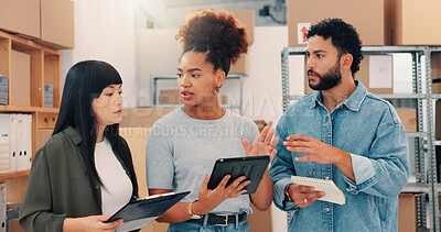 Buy stock photo Group, shipping and people in discussion for logistics, inventory or cargo management. Distribution, business worker and planning in warehouse for supply chain, stock or training on tablet in startup