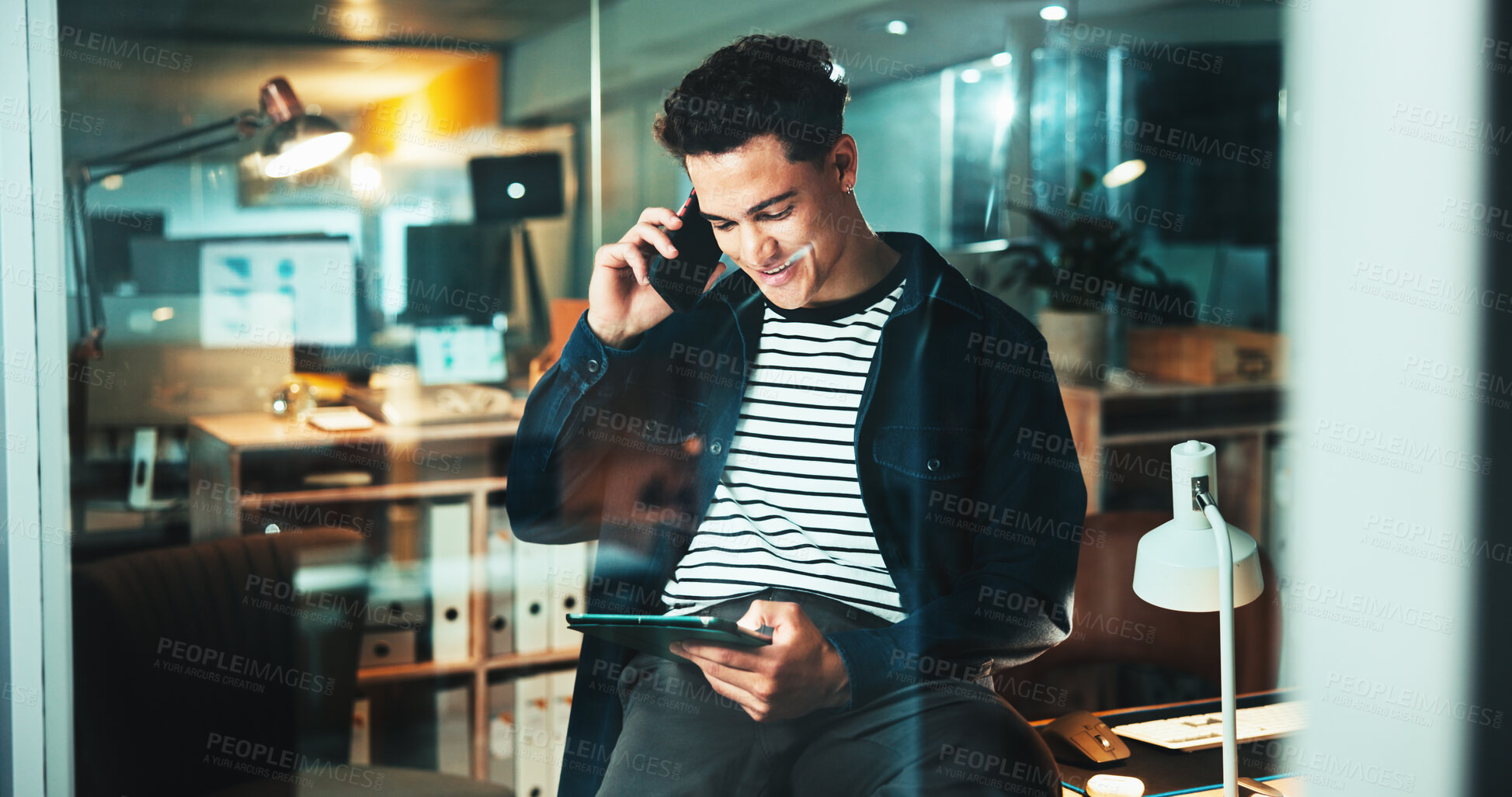 Buy stock photo Night, phone call and man on tablet for digital report, post deadline or online update research. Contact, communication or content strategy with consultant for marketing trends or social media growth