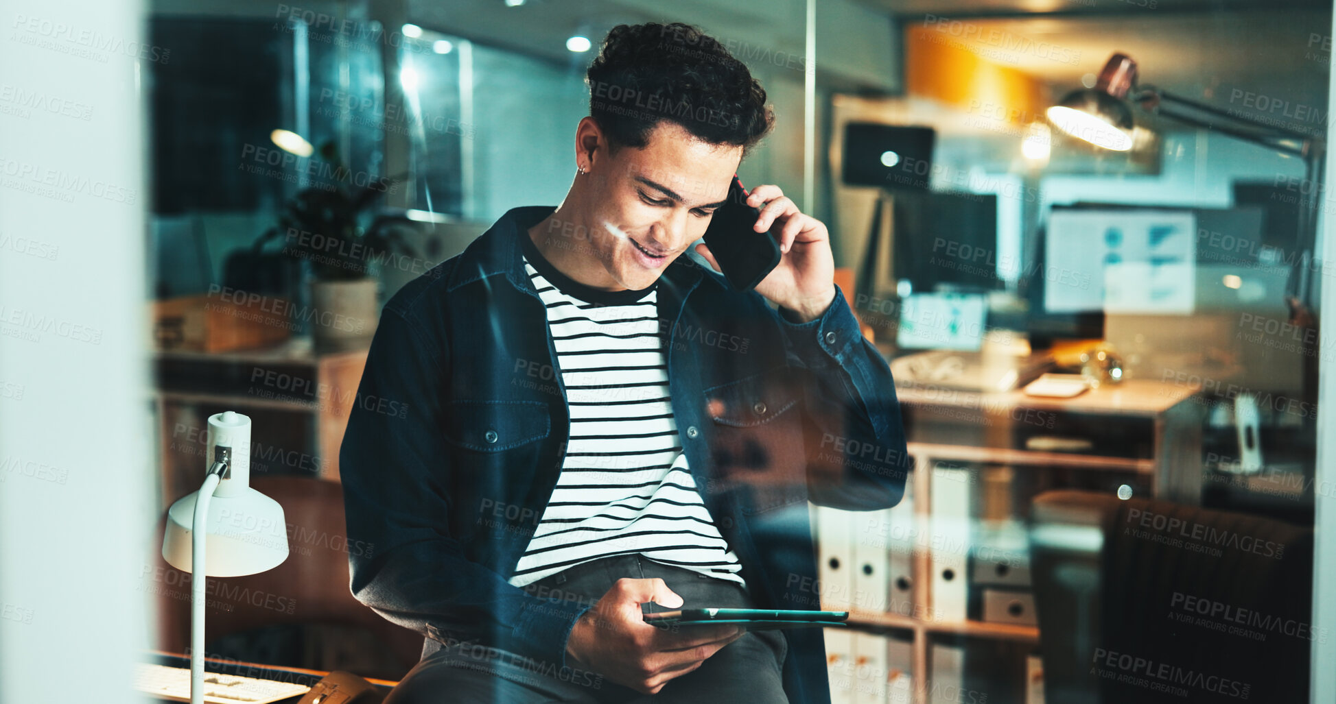 Buy stock photo Night, phone call and man on tablet for office, post deadline or online update research. Review, engagement or content strategy with communication for digital marketing trends or social media growth