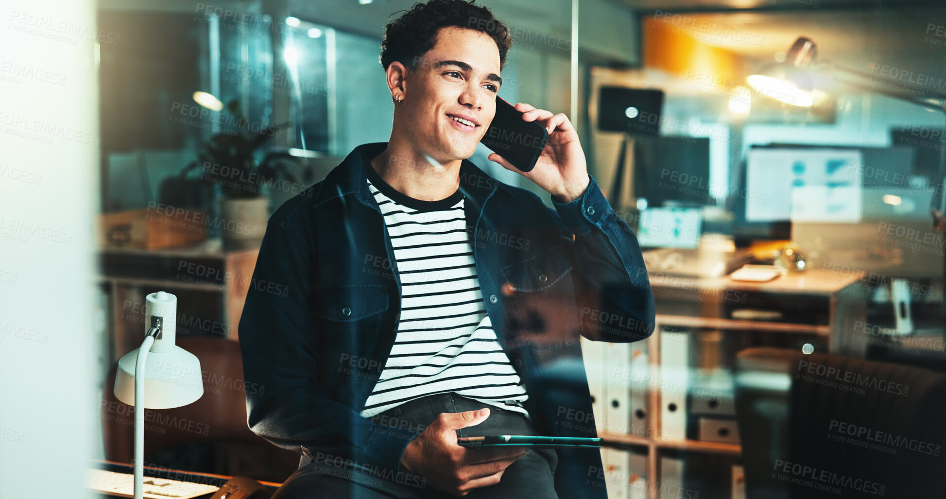 Buy stock photo Night, phone call and man on tablet for startup report, post deadline or online update research. Thinking, engagement or content strategy with tech for digital marketing trends or social media growth