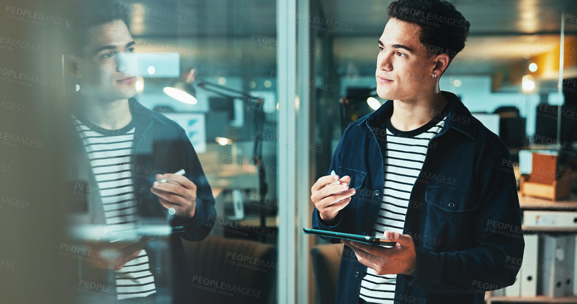 Buy stock photo Night, thinking and man on tablet for startup report, post deadline or online update research. Web design, reflection or content strategy with tech for digital marketing trends or social media growth