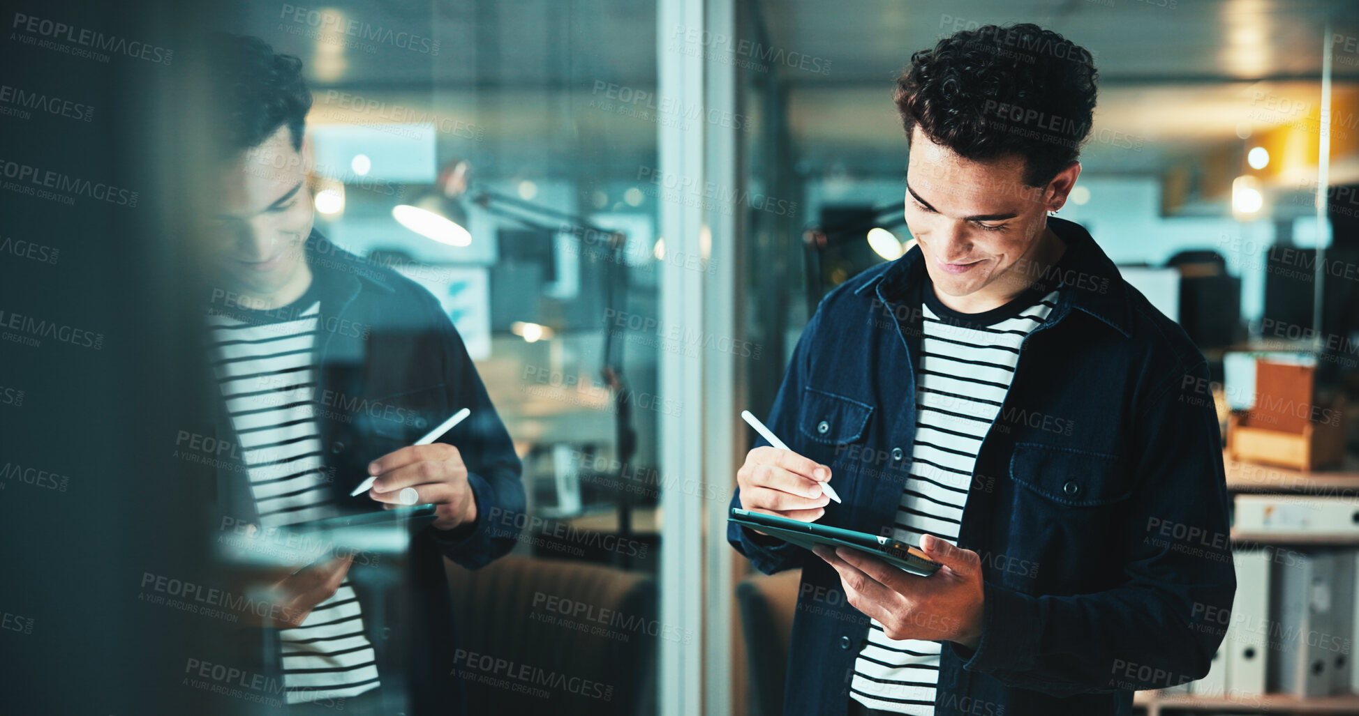 Buy stock photo Night, web designer and man on tablet for startup report, post deadline and online update research. Reflection, engagement and content strategy for marketing trends and social media growth on tech
