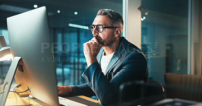Buy stock photo Man, programmer and thinking with computer at night for server programming, software update or deadline. Mature person, online and it for research of problem solving, system error and website upgrade