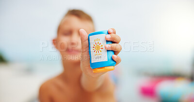 Buy stock photo Sunscreen, hands and bottle with child at swimming pool for uv rays protection, spf cream and summer vacation. Sunblock lotion, dermatology product and closeup with kid at holiday resort for skincare
