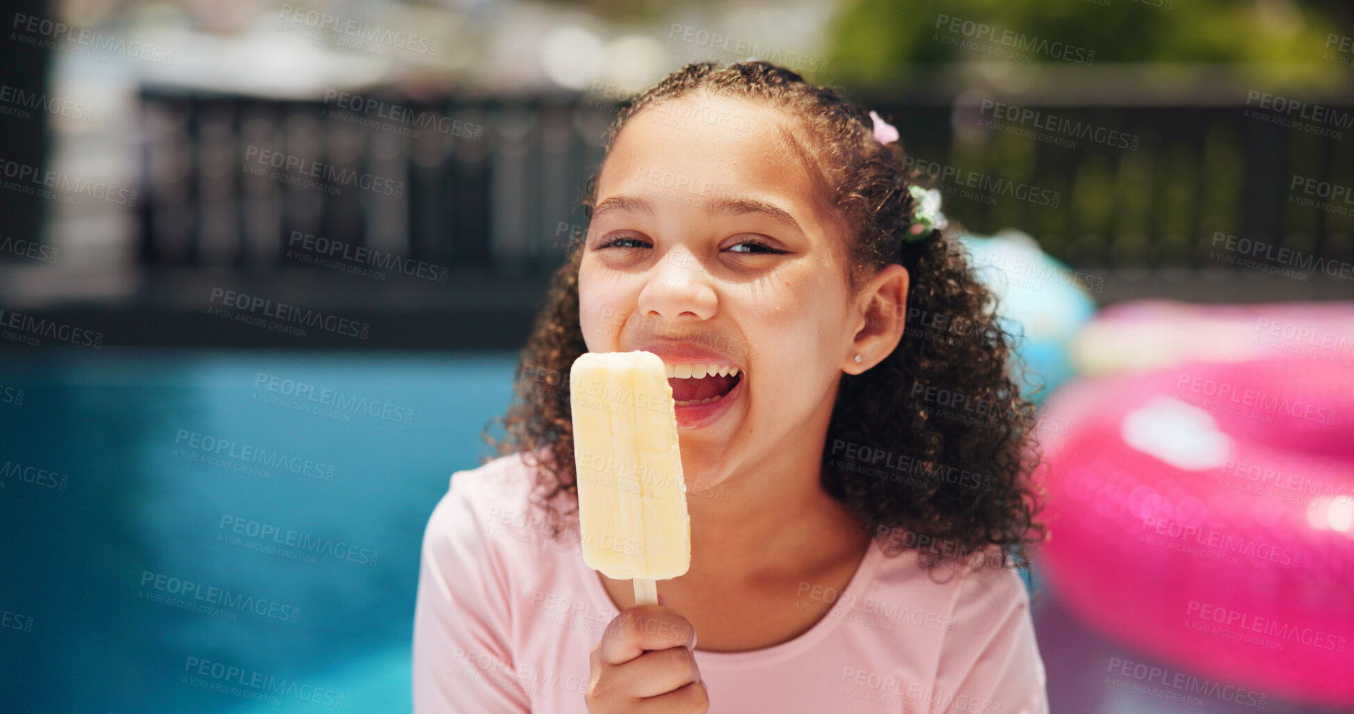 Buy stock photo Happy girl, portrait or pool with popsicle for summer treat, holiday or vacation at luxury resort. Female person, child or kid eating with smile, dessert or ice cream for sweet or cold snack at house