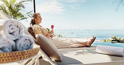 Buy stock photo Relax, vacation and woman with wine, resort and break for mature person with alcohol or thinking. Resting, contemplating and tourist with drink for holiday, hotel and comfortable on getaway or liquor