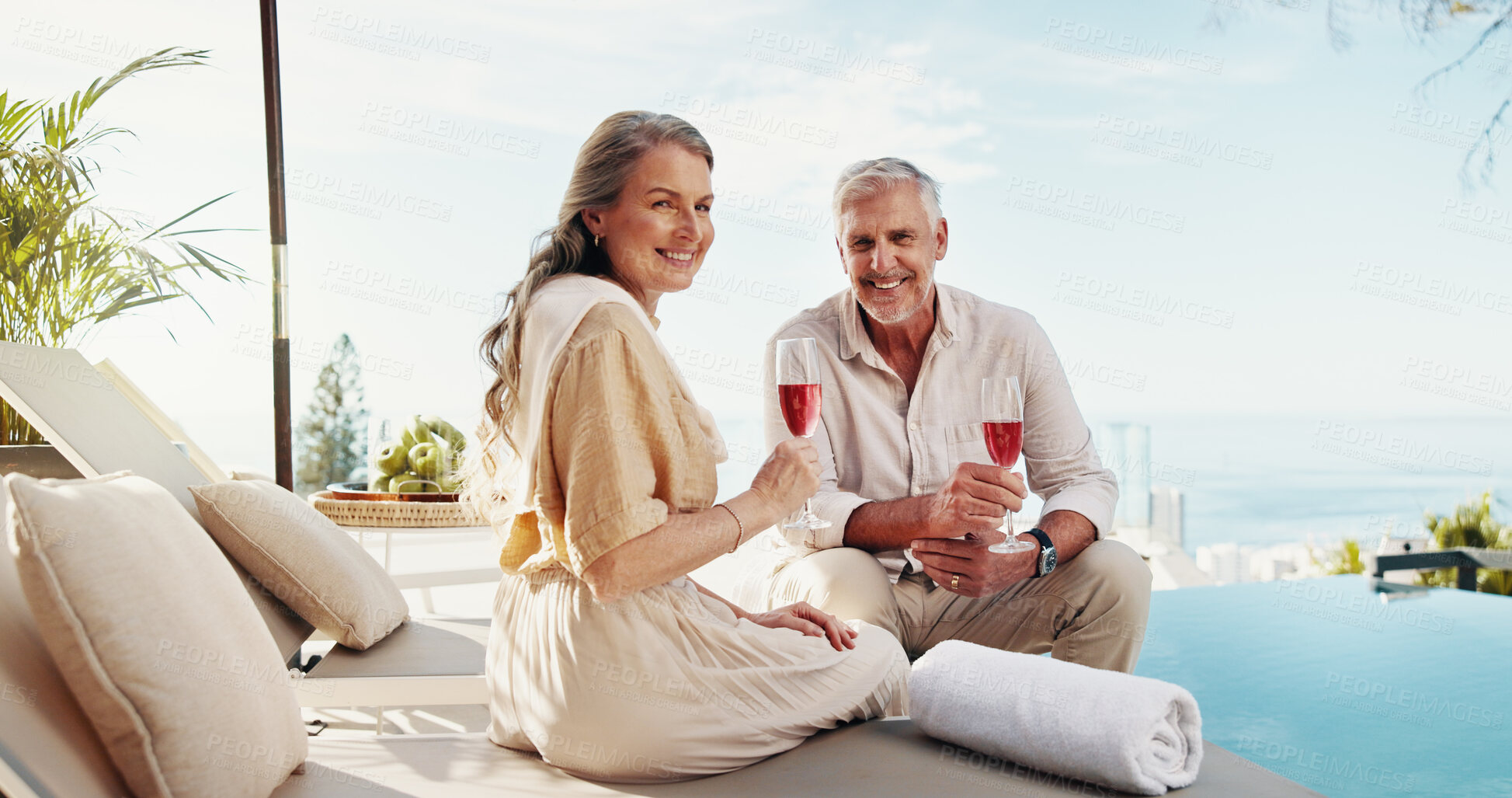 Buy stock photo Mature couple, portrait and wine on vacation, traveller and bonding on trip with alcohol and happy. Holiday, people and smile for anniversary on resort, travel or commitment in marriage in California