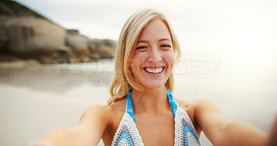 Buy stock photo Happy woman, portrait and beach with selfie for photography, memory or picture in nature. Face, female person or vacation with smile for capture, moment or social media post at ocean coast or sea