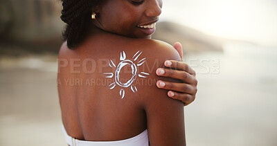 Buy stock photo Beach, shoulder and black woman with sunscreen for skincare, back protection and body care for beauty. Ocean, sun cream and African girl with spf cosmetics for health and holiday, travel or smile