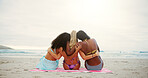 Women, friends and hug by beach for freedom, outdoor adventure and happiness on summer vacation. Ocean, back and group embrace together with seaside fun, united and bonding on holiday for weekend