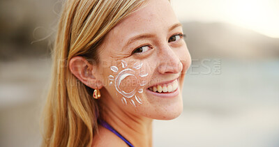 Buy stock photo Beach, portrait and woman with sunscreen for skincare, uv protection or beauty at sunset. Ocean, sun cream and girl with spf cosmetics for healthy dermatology, adventure or travel to relax on holiday