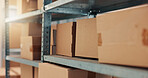 Boxes, shelves and delivery for distribution of startup business, inventory stock and storage supply. Package, ecommerce and logistics of cargo shipping, parcel and postage service of export industry