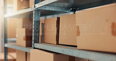 Buy stock photo Boxes, shelves and delivery for distribution of startup business, inventory stock and storage supply. Package, ecommerce and logistics of cargo shipping, parcel and postage service of export industry