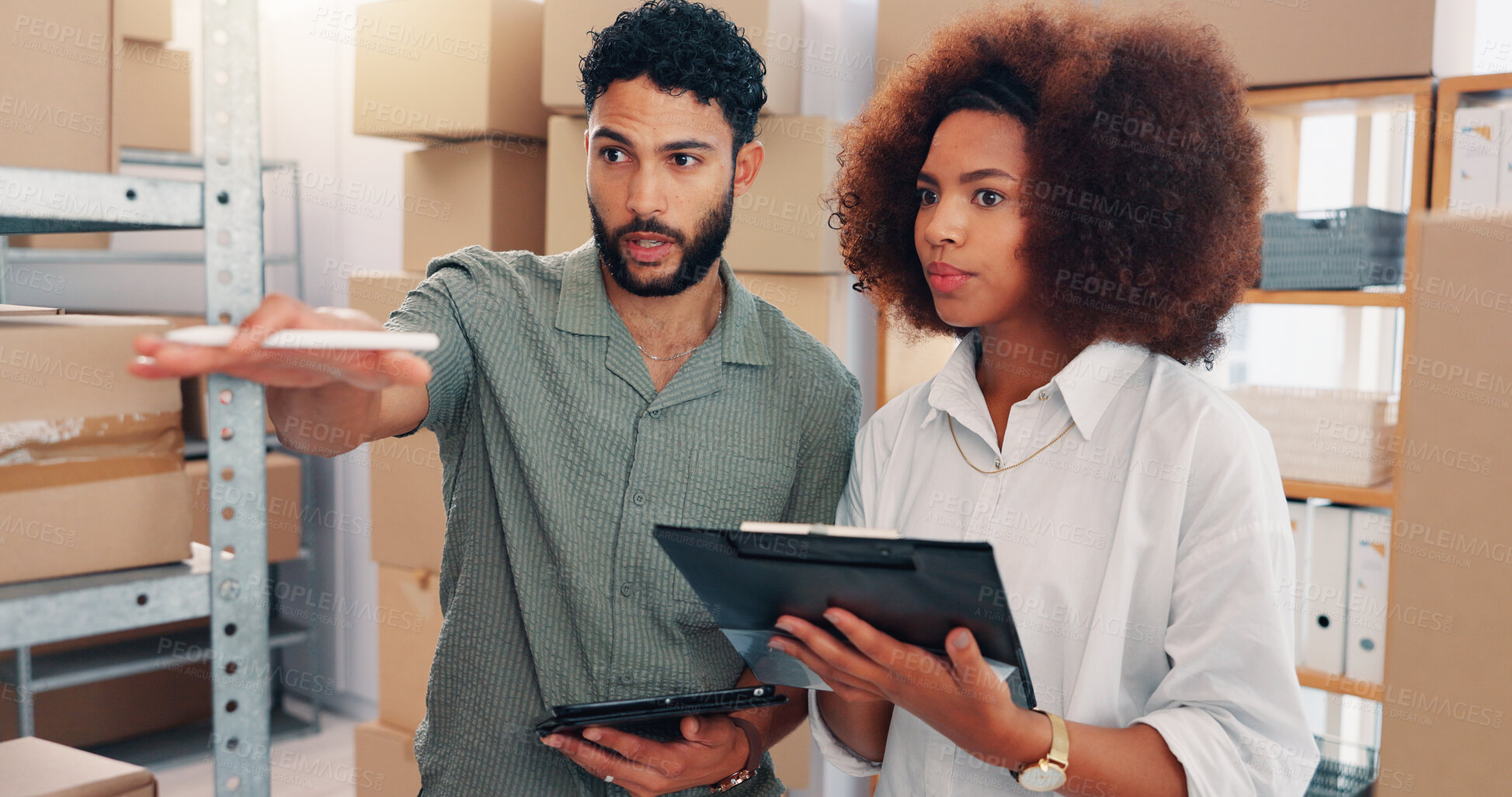 Buy stock photo Team, shipping and people check stock, inventory count or cargo management on tablet. Distribution, planning or supply chain for logistics discussion, ecommerce or clipboard for business in warehouse