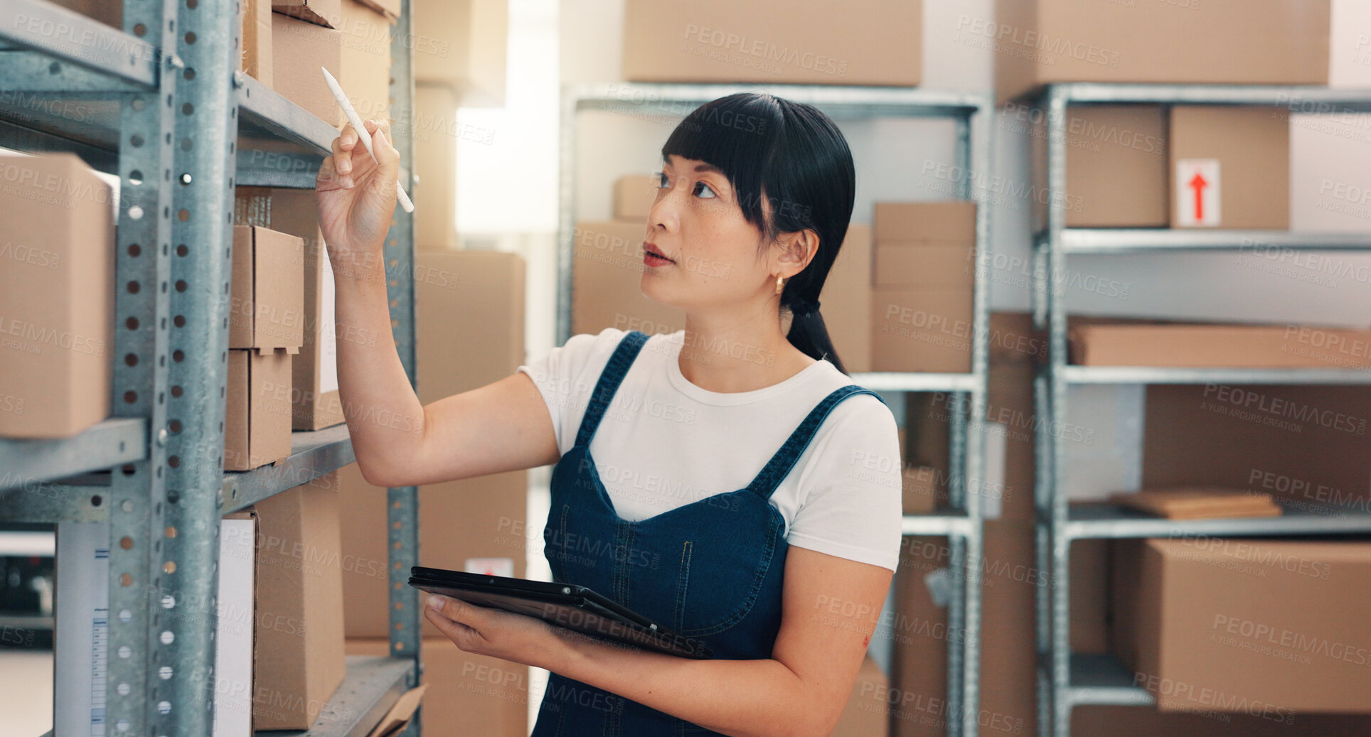 Buy stock photo Tablet, shipping and shelves with asian woman in warehouse for storage, logistics schedule and inventory order. Planning, ecommerce and supplier checklist with person in factory for cargo procurement