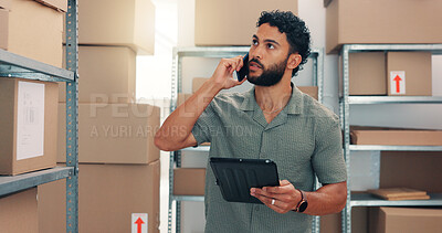 Buy stock photo Tablet, shipping and phone call with man in warehouse for storage, logistics schedule and inventory. Planning, ecommerce and supplier checklist with employee in factory for cargo procurement