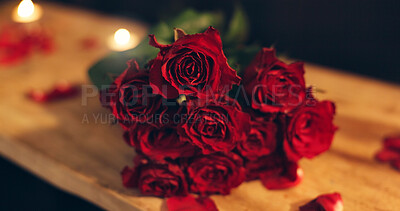 Buy stock photo Valentines day, roses and decor for romance, restaurant and closeup of petals on table, classy and love. Red flowers, floral arrangement and gift for anniversary on date, commitment and luxury