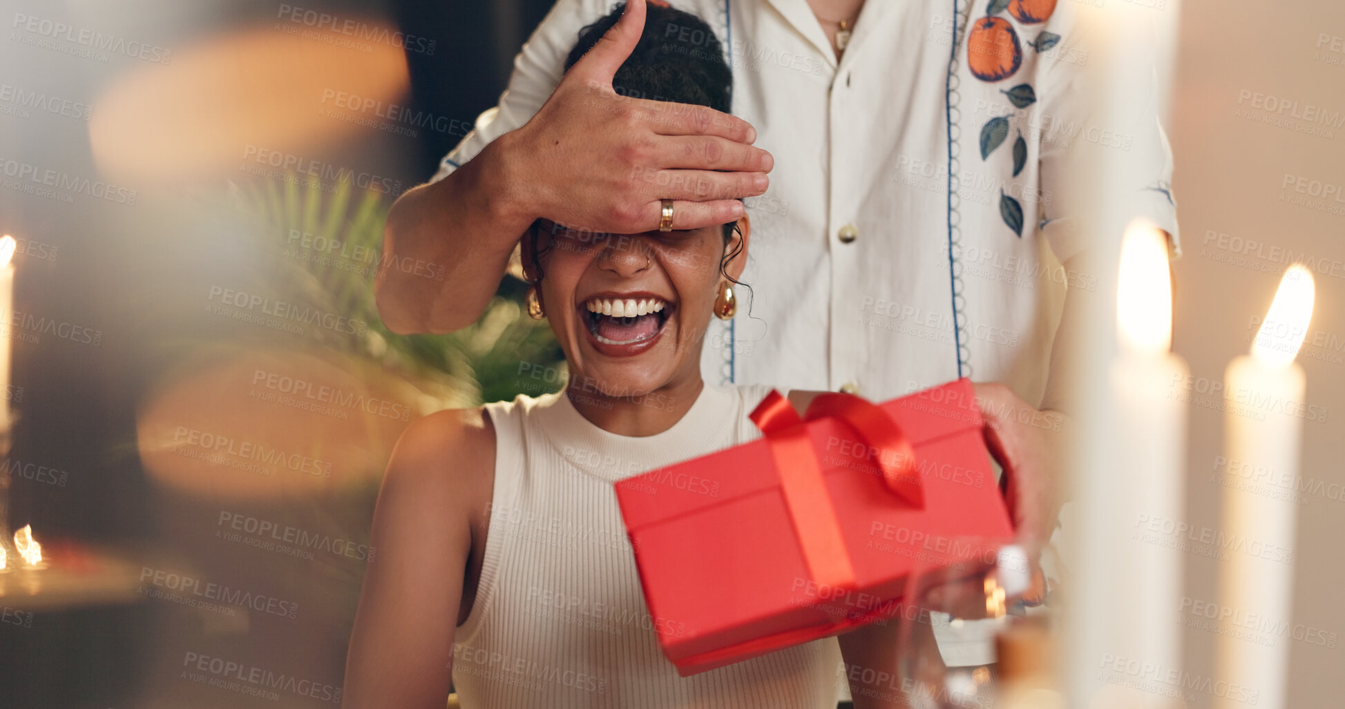 Buy stock photo Couple, surprise and gift with box at restaurant for valentines day, romantic present and celebration. Excited, woman and giving package with anniversary wow, relationship commitment and secret date