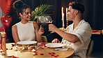 Couple, cheers and red wine on date at restaurant for valentines day, romantic dinner and celebration. People, toast alcohol and cuisine meal with fine dining, anniversary and relationship commitment