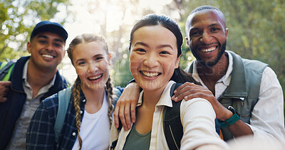 Buy stock photo Selfie, hiking and people with nature, diversity and bonding together with journey. Face, outdoor and friends with happiness, travel and group with weekend break, multiracial and fitness with fun