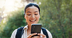 Travel, reading and woman with smartphone, nature or student with notification of funding or university. Outdoor, happy and person with scholarship for education, park or girl with mobile for college