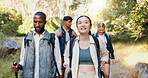 Group, friends and hiking in forest of backpacking, travel adventure and fitness in environment. People, walk and trekking journey to explore woods, nature survival and sightseeing for exercise hobby