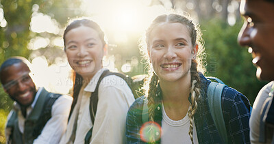 Buy stock photo Hiking, nature and people with conversation, journey and relax with weekend break, hobby and adventure. Group, outdoor and friends with discussion, calm and fitness with smile and carefree in woods
