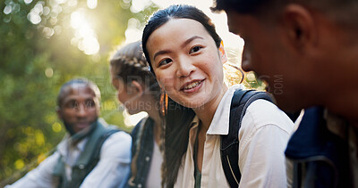 Buy stock photo Hiking, fitness and people with conversation, travel and relax with weekend break, hobby and talking. Group, outdoor and friends with discussion, journey and nature with smile and adventure in forest