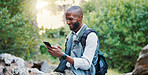 Hiking, smile and black man with smartphone, travel and internet with influencer, connection and journey. Person, hiker or guy with cellphone, mobile app and fitness with adventure, explore or nature