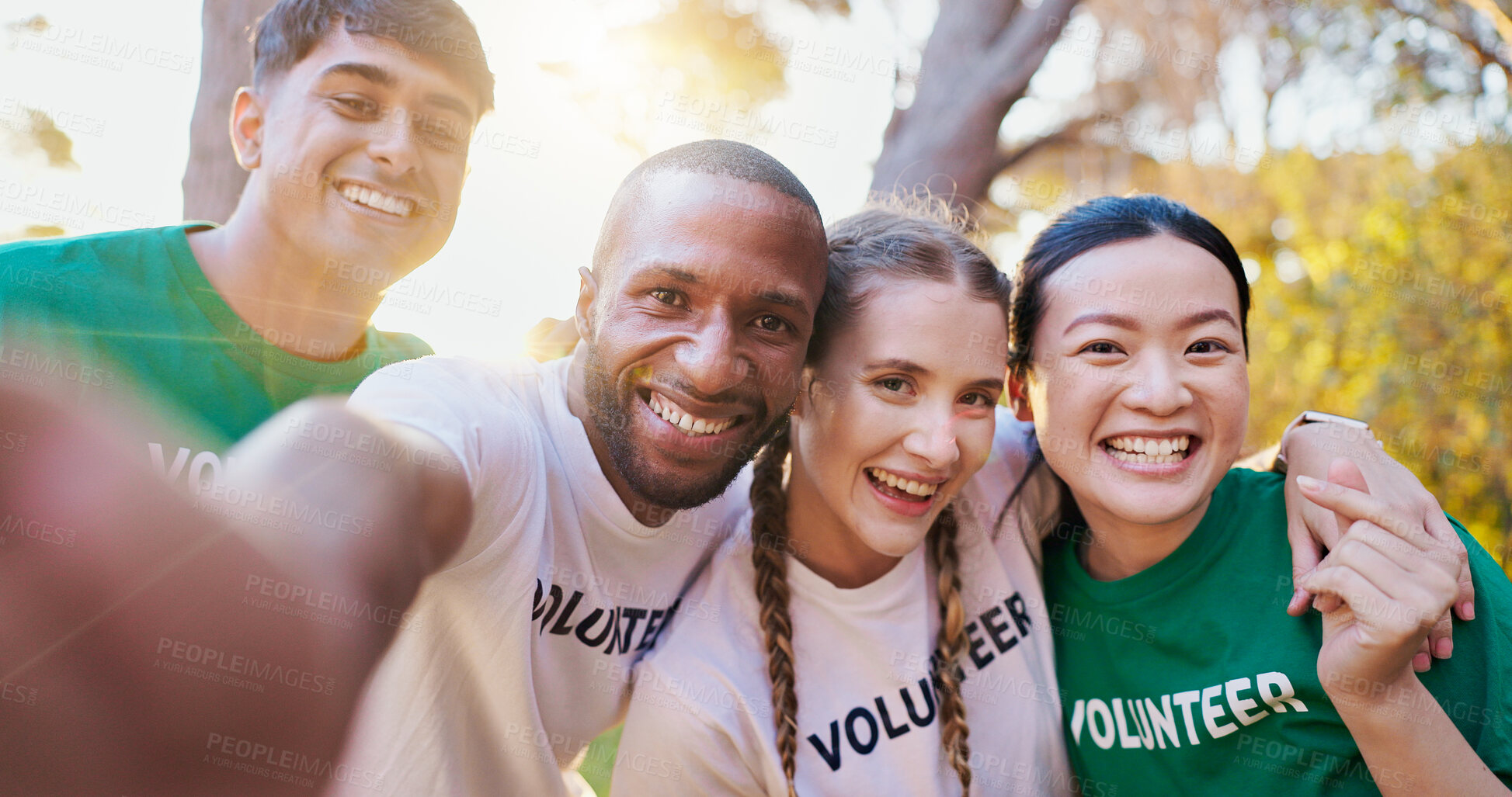 Buy stock photo Selfie, outdoor, and people with smile, volunteers and charity workers with profile picture. Group, friends and activist for climate change, memory and bonding together with NGO project and support